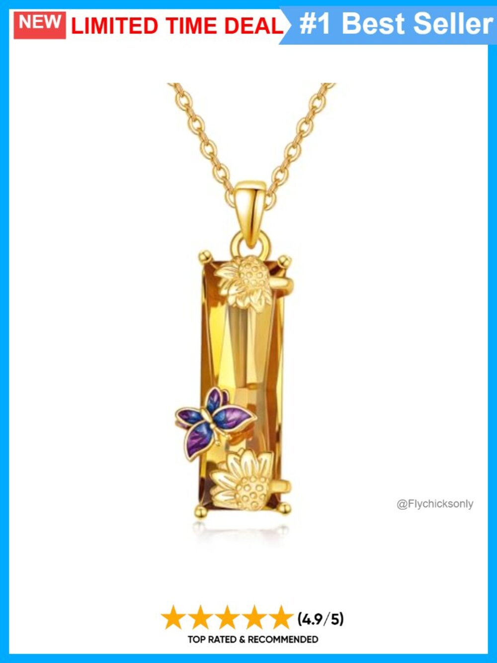 925 Sterling Silver Sunflower Butterfly Citrine Pendant Necklace Adjustable